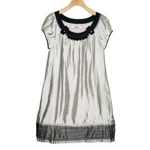 Chloe Metallic Silver Jeweled Shift Dress Women's Sz L